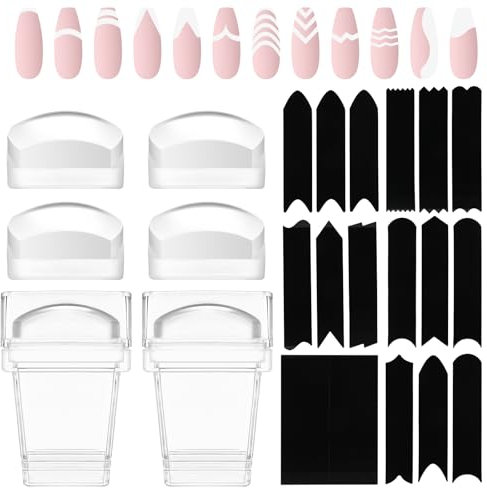 Zikenis 12 Stück French Nail Art Stamper Kit,mit 2 Stück Klare Silikon French Nails Stempel,6 Blatt French-Maniküre Kanten Hilfs Nagelführungsaufkleber,4 Stück austauschbarer Stempelkopf,Home DIY Nail