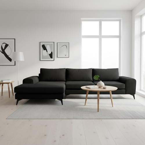 Abakus Direct | Venice Corner Sofa – Modern L-Shaped Sofa with Basket Weave Fabric, Scatter Back Cushions, Left or Right Hand Facing – Available in 9 Colours (Black, Left Hand Facing)