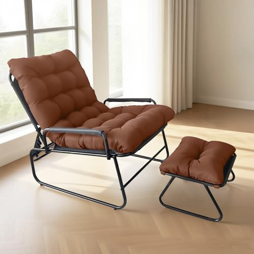 Loungesessel Outdoor, Gartenliege mit Hocker, Liegestuhl mit Auflage Abnehmbar, 4-Positionen Liegefunktion Balkonsessel, Relaxsessel Garten, Gartensessel für Garten, Terrasse, bis150kg (braun)