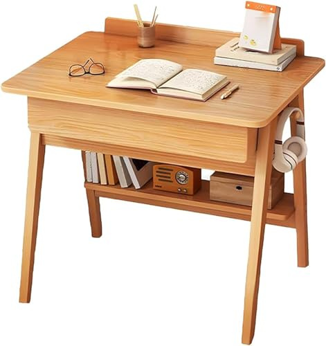 Schreibtisch aus Massivholz für Heimbüro, moderner Schreibtisch mit 2 Schubladen, Aufbewahrungsregal, Haken und Walnussholz-Basis, Computertisch für kleine Räume, Naturholzfarbe, 80 x 60 x 75 cm