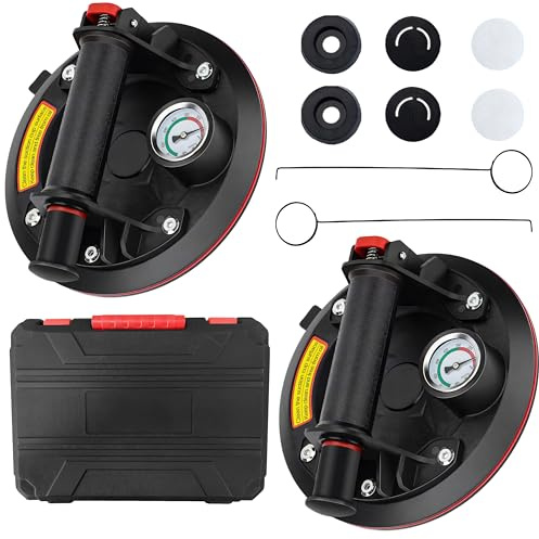Retoo Saugheber 2er Set, 200 mm, Manometer, 220 kg, für Glas und Fliesen | 2 Vakuumheber, Gummisaugnapf, Dichtungsset, Koffer, für Keramik, Laminat und glatte Platten, schwarz