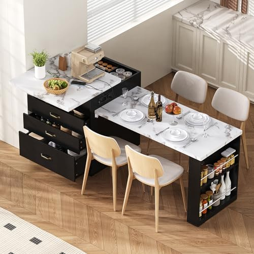 Kebnor Isla de cocina con ruedas, mesa de comedor extensible con iluminación LED, mesa de cocina con regletas, sirve como isla de cocina, aparador, aparador o mesa de bar para cocina y comedor (negro)