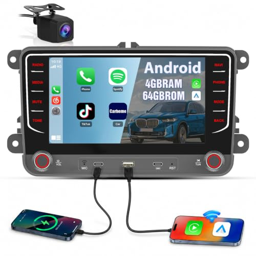 Junsun Radio Coche Android 13 4GB+64GB para VW, Autoradio 2 DIN con Pantalla Táctil de 7, con CarPlay/Android Auto, WiFi/4G SIM, GPS, Bluetooth, FM/RDS, DSP, Mandos del Volante y Cámara Trasera