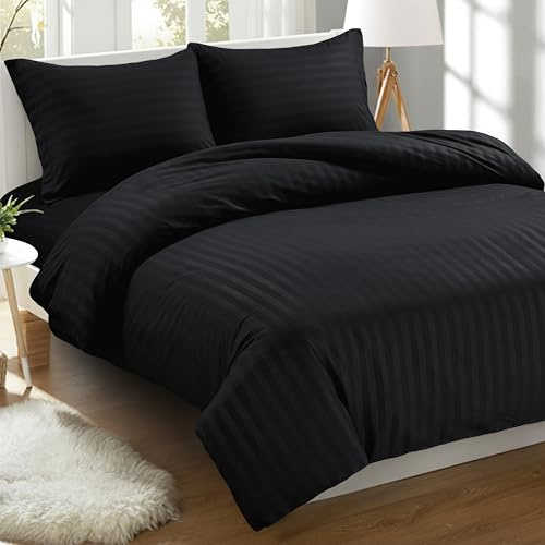 Elegant Comfort Best, Softest, Coziest 3-Piece Duvet Cover Sets! - 1500 Premier Hotel Quality Luxurious Wrinkle Resistant 3-Piece Damask Stripe Duvet Cover Set, Full/Queen, Black
