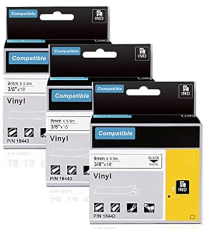 3x Kompatibel für Dymo Rhino 18443 Etikettenband Industrie-Vinyletiketten 9mm x 5,5m, Industrial Vinyl Schriftband Schwarz auf Weiß, Kompatibel für Dymo Rhino 4200 5200 1000 3000 5000 6000 ILP219