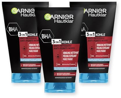 Garnier Hautklar 3 in 1 Gesichtsreinigung für unreine Haut, Anti-Mitesser Reinigung, Peeling und Maske, Mit Kohle, Blaubeerextrakt und Salizylsäure, Ohne Parabene, 3 x 150 ml