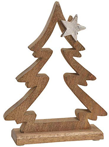 Matches21 - Figura decorativa de árbol y estrella de madera y metal, figura de Navidad, color plateado/marrón, 1 unidad, 21 x 28 cm