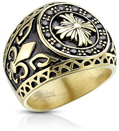 BlackAmazement 316 Edelstahl Ring Celtic Cross Fleur De Lis Zirkona CZ Gold schwarz Gothic Biker Fantasy Herren (68 (21.6))