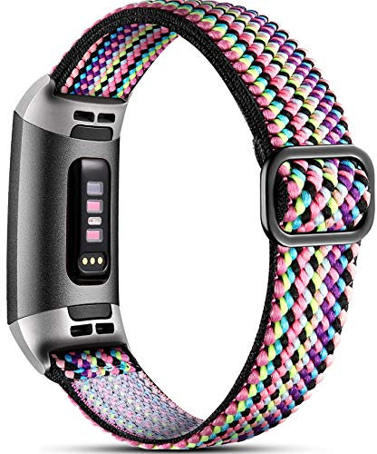 Dirrelo Elastisches Armband Kompatibel mit Fitbit Charge 3 Armband/Fitbit Charge 4 Armband, Atmungsaktives Verstellbares Gewebte Stoff Ersatzarmband, Nylon Sportarmband für Damen Herren, Regenbogen