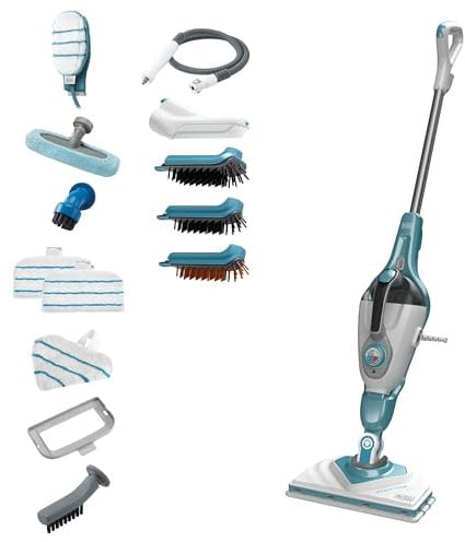 Black+Decker BHSM1610DSM-QS Scopa a Vapore Multifunzione con Filo 1600W, Corpo Staccabile, Testina Delta e Guanto STEAMITT, 14 accessori, Tempo di riscaldamento 15 s, Serbatoio dell'acqua 500 ml