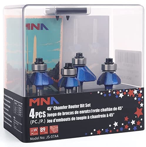 MNA 4 Pcs 45 Degree Chamfer Router Bits Set,1/4 Inch Shank Cutting Diameter in 1/4”, 5/16”, 3/8”, 1/2”. Ideal for Angled Edges, Clean Edge