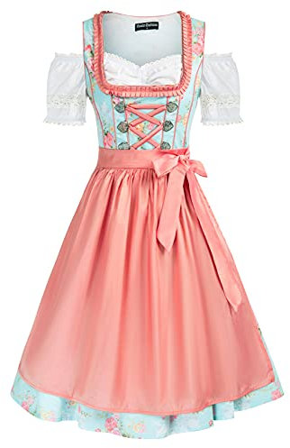 SCARLET DARKNESS Damen 3Tlg Dirndl Kleid Oktoberfest Trachtenkleid Kostüme Tops,Baumwollkleid,Schürze M Rosa und Blaudruck