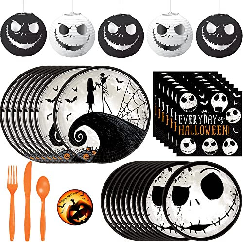 Nightmare Before Christmas Party Supplies Bundle for 16 with Dinner Plates, Dessert Plates, Napkins, Cutlery, Mini Lantern Decorations and Pin
