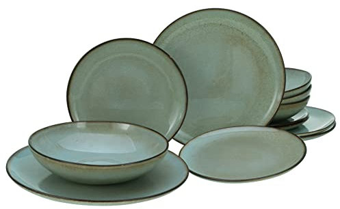 CreaTable, 14438, Serie Stone, 12-teiliges Geschirrset, Teller Set aus Steinzeug, spülmaschinen- und mikrowellengeeignet, Made in Portugal