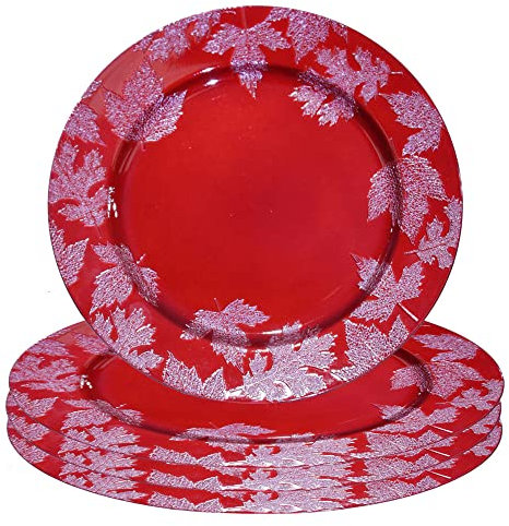 12x Sottopiatti Bordo Foglie Pungitopo Colore ROSSO Tondo 33 cm Natale cenone sotto Piatto Natalizio Capodanno Natale Cena Aperitivo