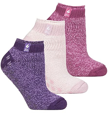 HEAT HOLDERS 3 Pair Multipack Ladies Ankle Slipper Socks Womens Fleece Low Cut Fluffy Socks with Grippers