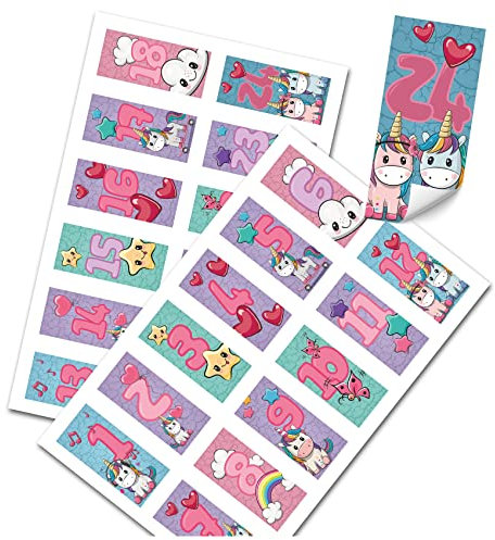 Yabaduu DIY Adventskalender Zahlen zum Aufkleben Nummern 1-24 Selbstklebende Sticker für Weihnachten Weihnachtskalender Selber Basteln Y048 (05 Einhörner Streifen)