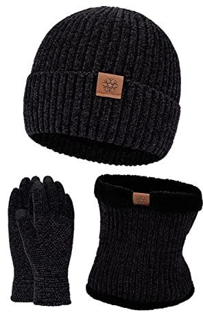 Mutze Schal Set Damen Blau, Mütze, Schal, Handschuhe, Set, Damen, Mütze, langer Schal und Thermo-Touchscreen-Handschuhe, Set, 3-teilig, weich, warm, Winter, gestrickt, Bommelmütze, Set für Damen