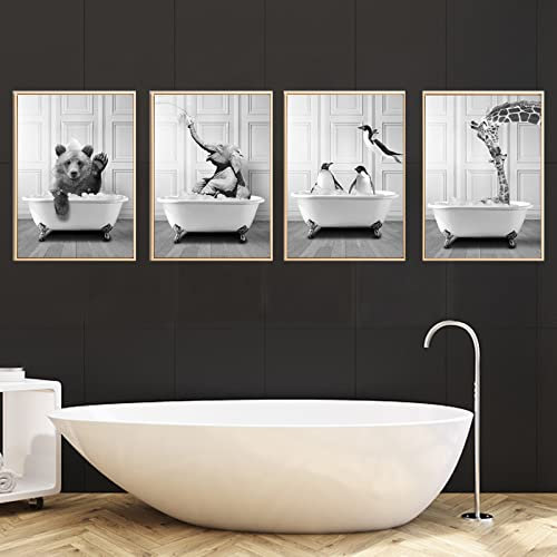 UGZDEA Tier in der Badewanne Leinwand Bilder, Schwarz Weiß Hochlandkuh Elefant Badezimmer Poster Modernes Wohnzimmer Schlafzimmer Home Decor-ohne Rahmen(G,4x30x40cm)
