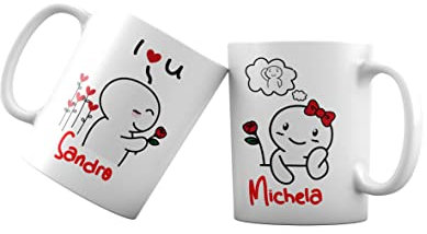 Puzzletee Coppia Tazze - Nomi Personalizzabili – Ti Penso – Rose Rosse – Ti amo – Fidanzati - Tazza Colazione – Marito moglie