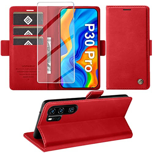 Giyer Handyhülle für Huawei P30 Pro Hülle mit Schutzfolie, Standfunktion Kartenfach Wallet Premium Leder Schutzhülle P30 Pro Flip Case Cover Stoßfeste Klapphülle für Huawei P30 Pro 6.47 Zoll (Rot)