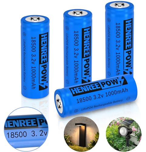 Henreepow 18500 Rechargeable Battery, 3.2v LiFePO4 Lithium Phosphate Battery 1000mAh for Outdoor Garden Solar Lights, Flashlight (4 Pack)
