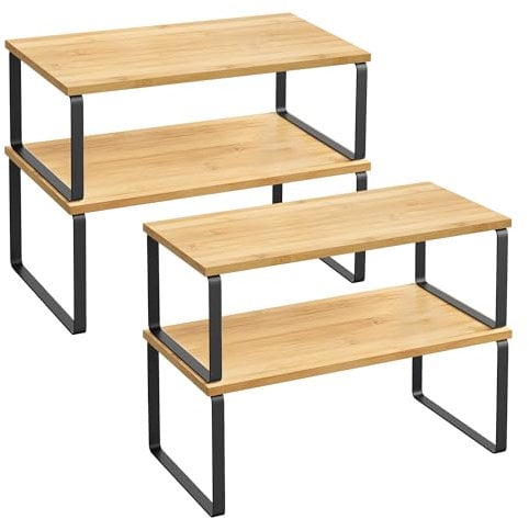 SONGMICS Spice Rack, Set of 2 Cupboard Shelf Organisers, Expandable Kitchen Shelf Organiser, Stackable Spice Holder, Metal and Engineered Wood, Cloud White and Natural Beige KCS210B01