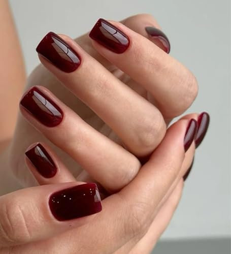 Faux Ongles Court MouyouGlow,Carré Rouge Cerise Bordeaux Glossy Unicolore Press on Nails avec Colle à Ongles,Cherry Red Solid Acryl Fake Nails