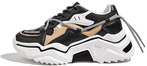 LUCKY STEP Damen Plateau Sneaker Bunte Retro Chunky Dad Schuhe Modische Farbblock Turnschuhe für Alltag & Spaziergänge (Schwarz/Weiß, 9US-39EU-6UK)