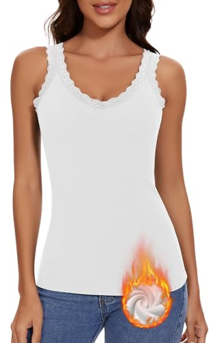 WOWENY V neck Ladies Thermal Vest Lace Camisole tops for Women Warm Underwear Sleeveless Winter Ribbed Base Layer