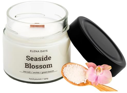 Duftkerze Seaside Blossom, 100% natürliche Kerze, Sojawachs, Duftkerze im Glas, Kerze mit Holzdocht, langbrennend Kerze 140 gramm, Brenndauer 45 Stunden, Blumenduft, Elena Days