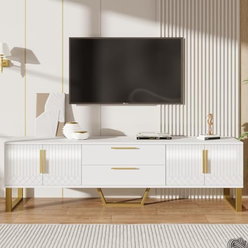 KOMHTOM Eleganter TV-Schrank Kommode in weiß/schwarz, Sideboard mit Vier Türen und Zwei Schubladen, lowboard Mehrzweckschrank für Wohnzimmer Schlafzimmer Flur (Weiß)