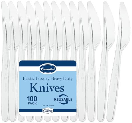 Essential Housewares | 100 Clear Reusable Knife | BPA Free | Heavy Duty Plastic | Birthdays, Parties, Camping, Catering | 18cm Long