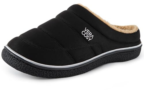 VeraCosy Men's Quilted Slip-on Slippers Technical-cloth Soft Fuzzy Comfy Non-slip Campground Style House Shoes Black, 12-13 UK
