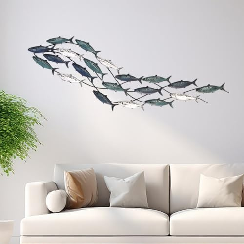 yjnhxns 3D-Wandkunstdekor aus Metall, Fischschwarm, Ozean-Wanddekoration, große nautische Wandskulptur für Zuhause, drinnen und draußen, Schlafzimmer, Wohnzimmer-Dekoration