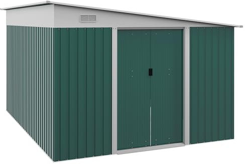 Outsunny 11.3 x 9.2ft Lean to Metal Garden Shed, Outdoor Galvanised Tool Storage House with Double Sliding Doors and 2 Air Vents, Green
