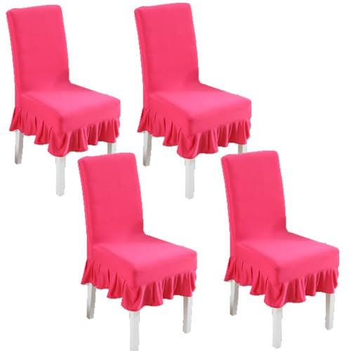 TMTGTS Lot de 4 housses de chaise épaisses, en élasthanne, universelles, avec jupe, housses élastiques, pour chaises de salle à manger, mariage, amovibles, rouge rose