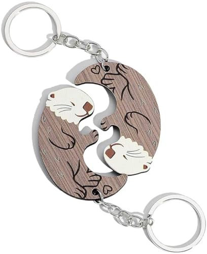 Porte-clés pour couple, porte-clés loutre, porte-clés animal en bois, porte-clés mignon, pendentif puzzle pour Noël, anniversaire, a, 12.5* 3cm