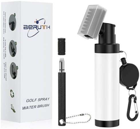 Brosse de nettoyage pour club de golf avec clip mousqueton et bouteille d'eau pressée anti-fuite - Outil de nettoyage léger et compact pour clubs de golf, balles et chaussures (blanc)