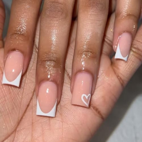 Yamobi 24 Stück Kurze Quadratische Press On Nails, French Weiße Falsche Nägel Mit Herz Design, Künstliche Nägel Zum Aufkleben, Falsche Nagelspitzen, Fake Nägel