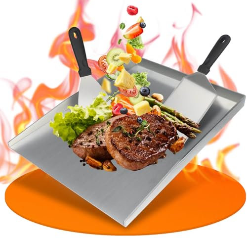 4mm Plancha Grillplatte, 30×40cm, Auslaufsicheres Design Plancha Grill. Mit 2 Kunststoff Grillschaufeln Ausgestattet. Plancha Grillplatten Perfekt für Gasgrill, Teppanyaki, Induktion