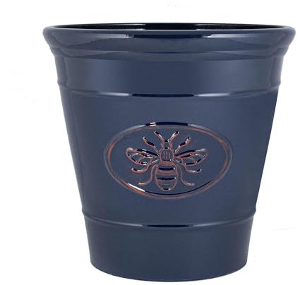 Round Plastic Bee Embossed Plant Pots, Saucers Long Lasting Flower Garden Indoor Outdoor Drainage Holes Planter Cover Weather, Frost Proof Glossy Effect (40cm Blue Planter)