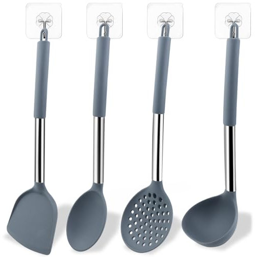 JNZLT Juego de 4 Utensilios Cocina Silicona Platino - Cuchara Sopera Colador Cuchara Asiática para Wok Espátula Ancha Incluye 4 Ganchos Adhesivos (Antiadherente, Resistente Calor)