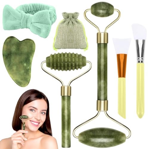 LYNJOVU 7 Pezzi Guasha Viso Kit in Giada - Massaggiatore Viso e Collo, Cura Viso Professionale, Rilassa Pelle e Migliora Circolazione, Set Completo con Accessori per Trattamento Viso Quotidiano