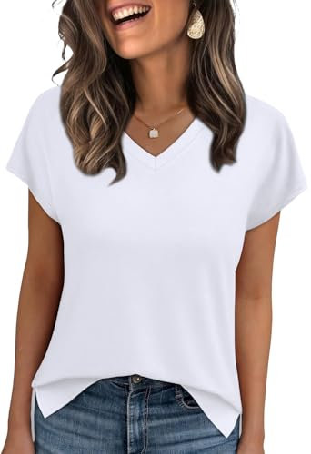WIHOLL T Shirts for Women V Neck Summer Tops Ladies Short Sleeve Casual Tee White Tops Size 10-12