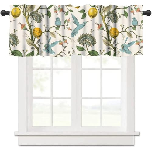 JanJCurt Retro Lemon Kitchen Valance, Summer Blue Birds Lemon Tree Nature Botanical Plants Flowers Hummingbird Spring Print Short Blackout Window Curtain for Cafe Restaurant, 54x18inch
