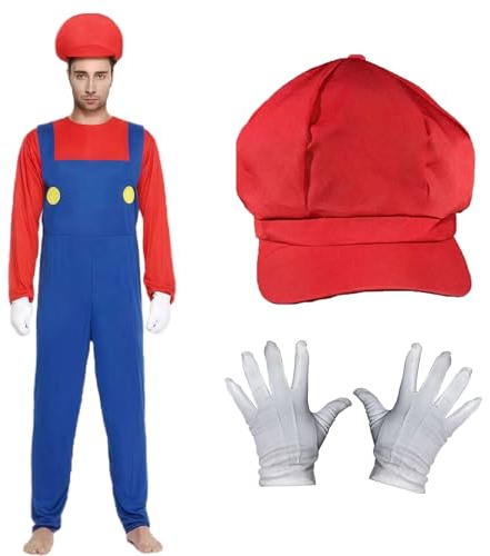 AYNKH Mario-Kostüm, Verkleidung für Erwachsene und Kinder, Mario-Hut, Body, Schnurrbart, weiße Handschuhe, Kostümzubehör für Halloween, Cosplay, Karneval, Party (XS)