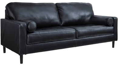 Signature Design by Ashley Bryceview Contemporary Leather Match Tufted Sofa with 2 Bolster Pillows, Black