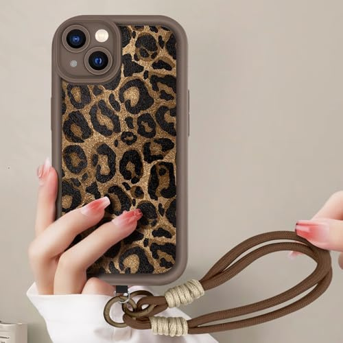 AICISINGN Handyhülle für iPhone 15 Hülle mit Armband Schnur, Handykette Schutzhülle mit Aesthetic Leopard Muster mit Kordel zum Umhängen Cover Case für iPhone 15, 03