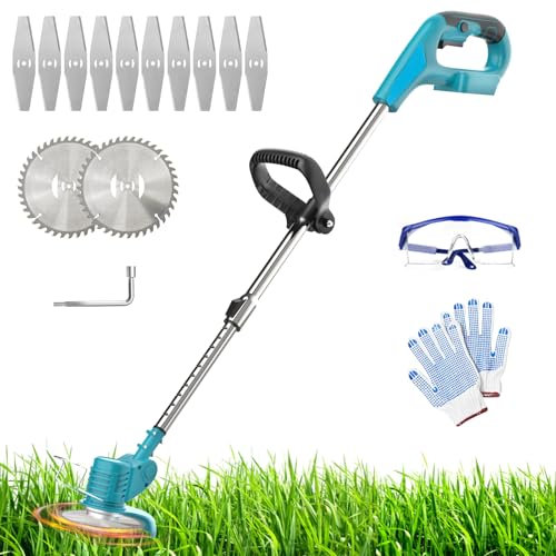 Akku Rasentrimmer, Ersatz für Makita 18V BL1850,10 X Metallklinge, 2 X Kreissägeblätter, 90° Drehbarer, Verstellbarer Teleskop-Führungsholm für Gärten, Rasenflächen, Büsche (Ohne Akku)